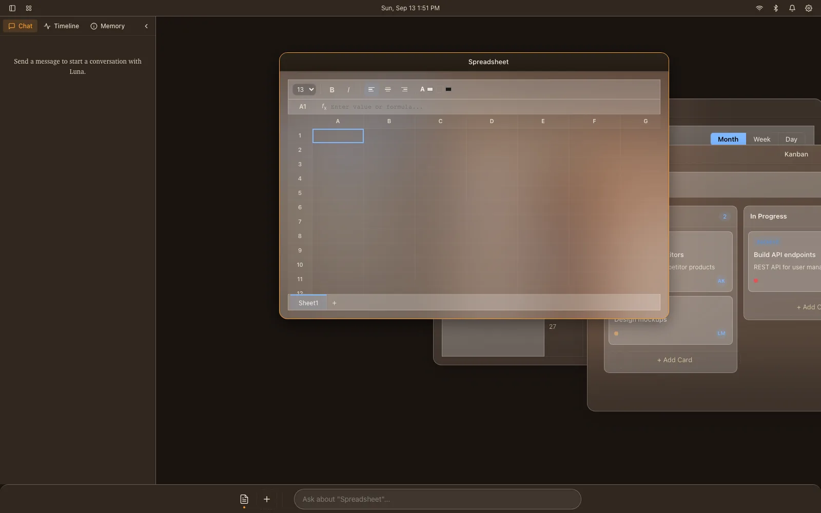 Luna OS with four glass windows open